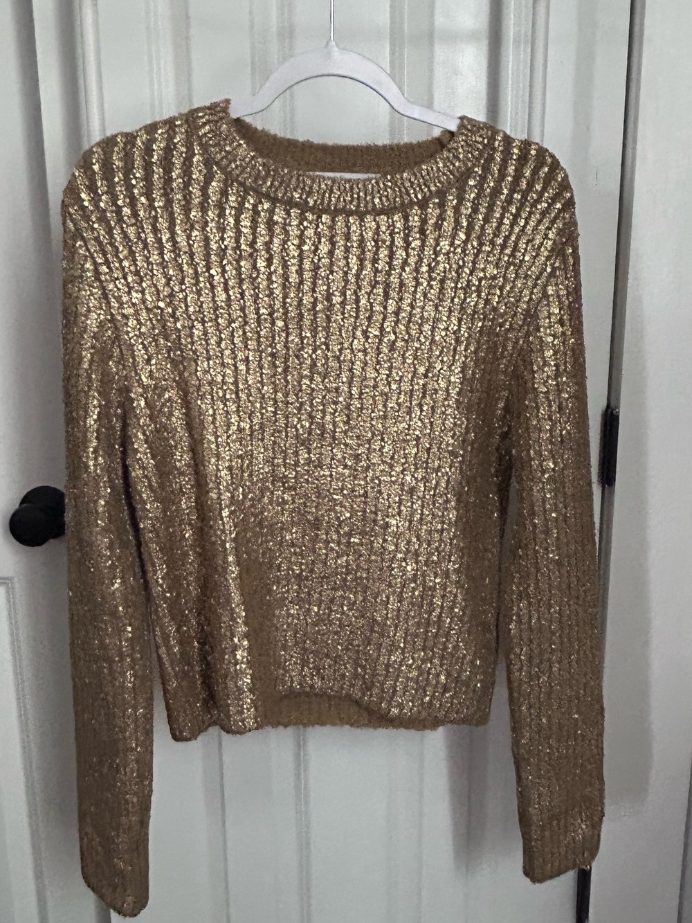 Zara Metallic Gold Ribbed Crewneck Sweater